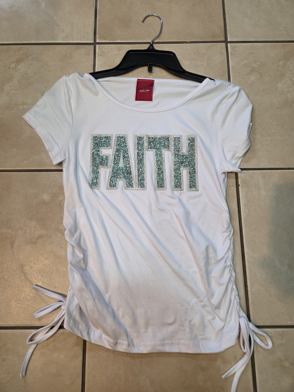 Women's White 'FAITH' Short Sleeve Tee with Aqua Sparkle Lettering and Side Ties